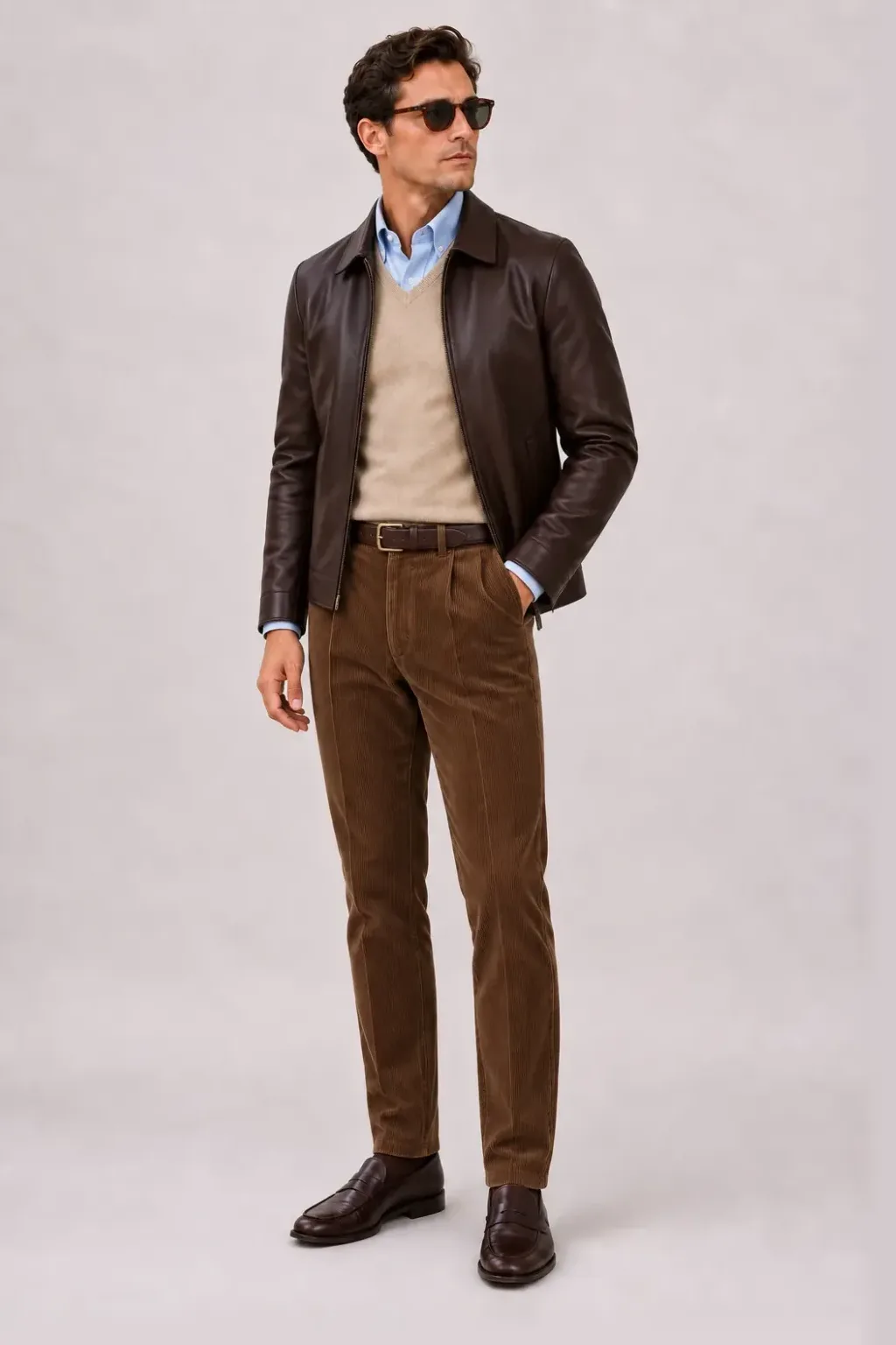Lederjacke Dunkelbraun über V-Neck-Pullover Feinstrick, dazu Cordhose Tabakbraun und Penny Loafer