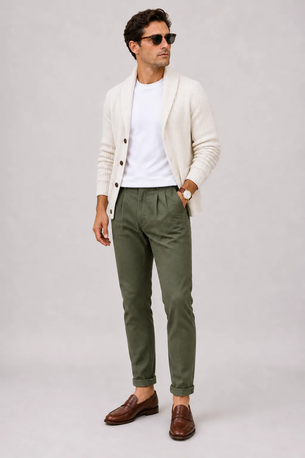 Schalkragen-Cardigan Off-White über T-Shirt, dazu Bundfaltenhose Oliv und Penny Loafer