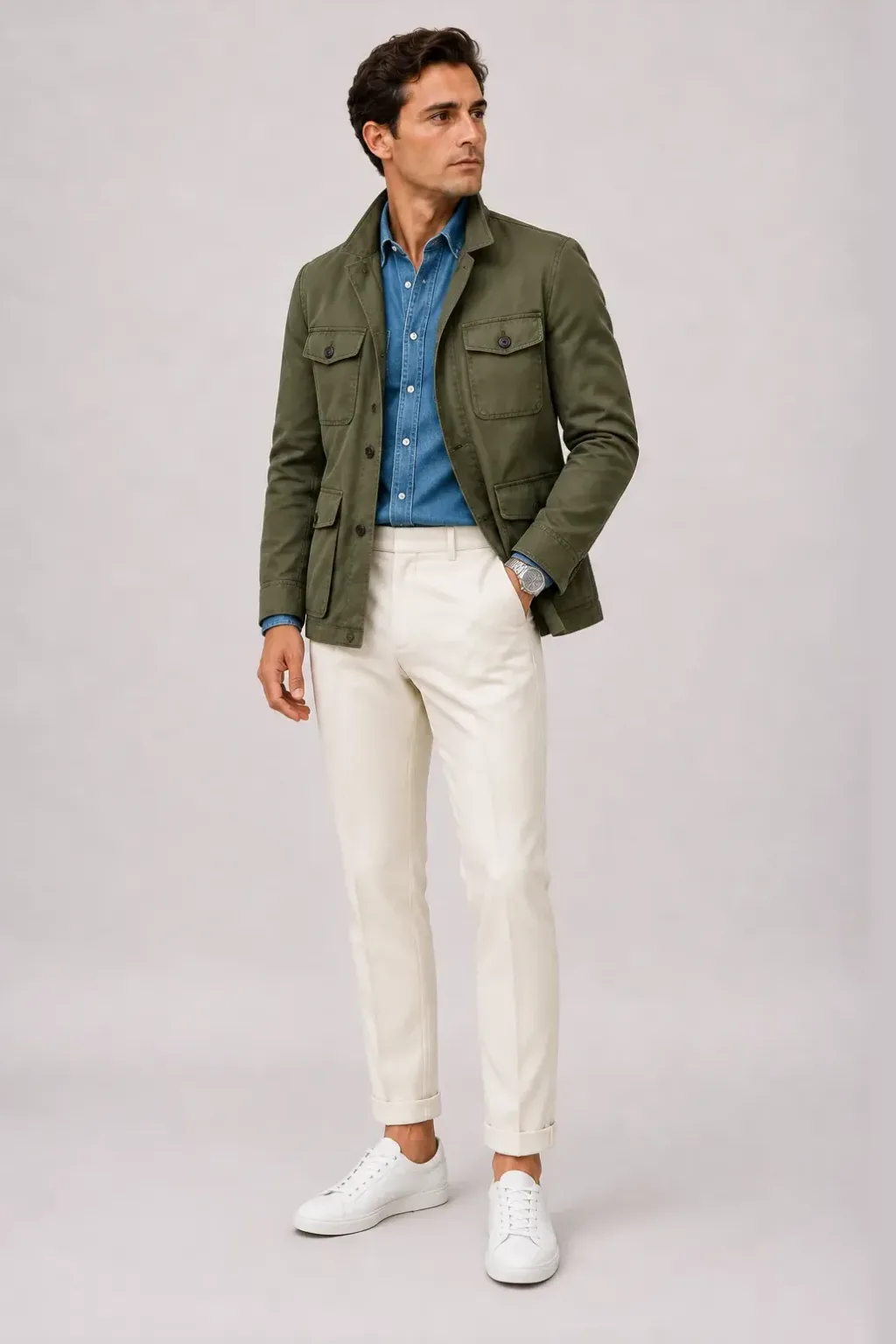 Field Jacket Oliv über Denim-Hemd, dazu Anzughose Wolle Creme und Sneaker