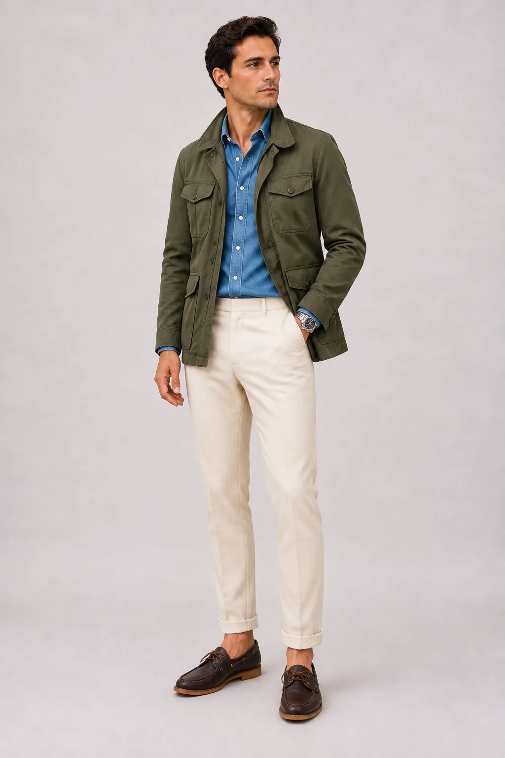 Field Jacket Oliv über Denim-Hemd, dazu Anzughose Wolle Creme und Sneaker — Bootsschuh Dunkelbraun