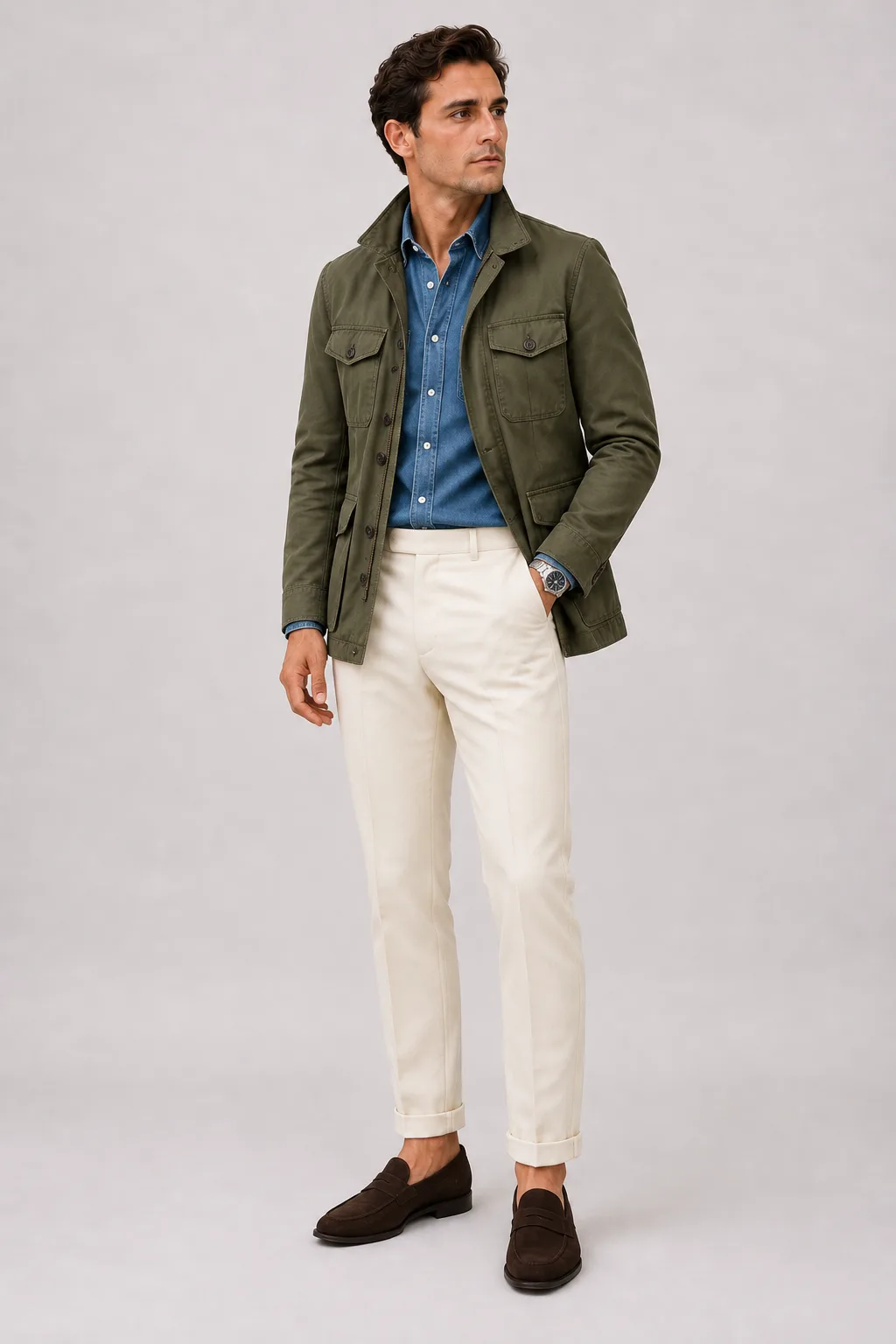 Field Jacket Oliv über Denim-Hemd, dazu Anzughose Wolle Creme und Sneaker — Penny Loafer Wildleder Dunkelbraun