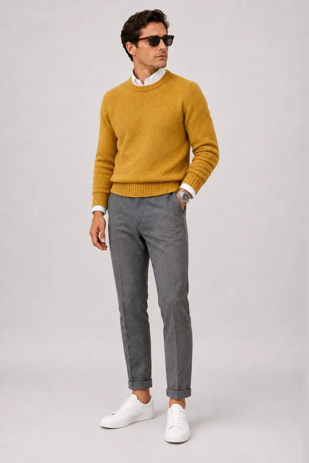 Grobstrick-Pullover Senfgelb über Button-Down-Hemd, dazu Flanellhose Mittelgrau und Sneaker