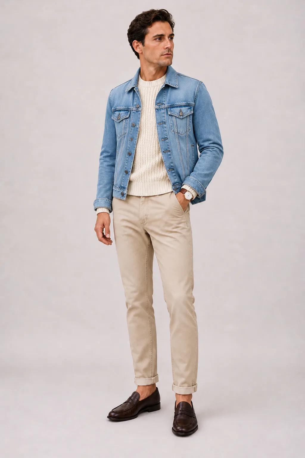 Trucker Jacket Hellblau über Grobstrick-Pullover, dazu Chino Beige und Penny Loafer
