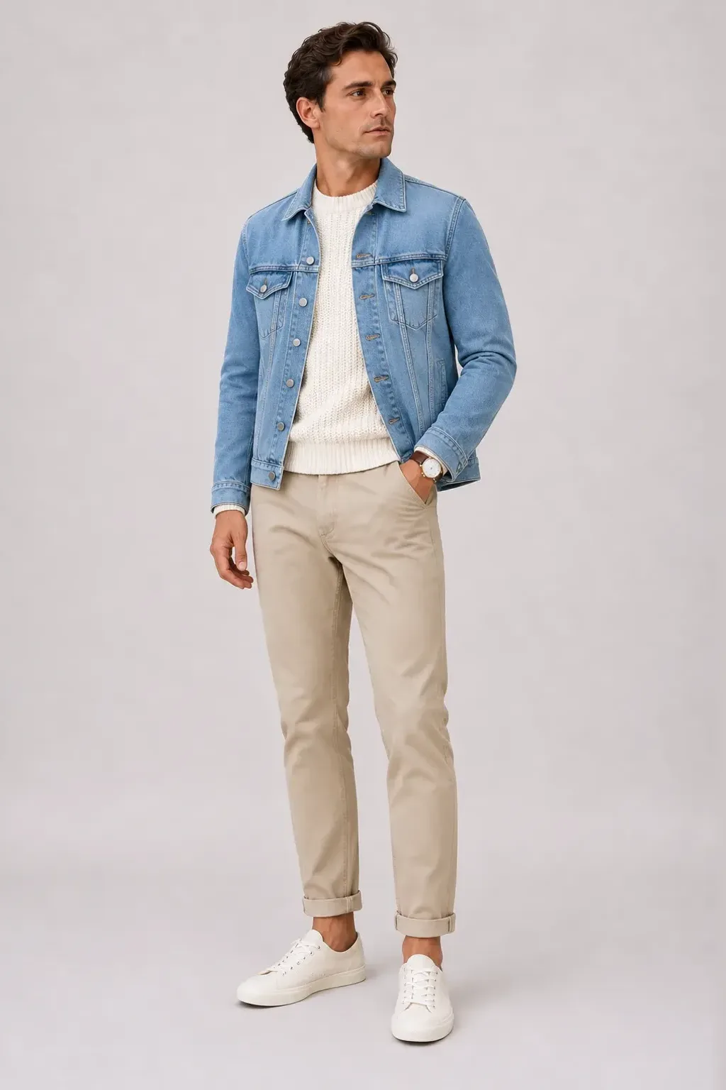 Trucker Jacket Hellblau über Grobstrick-Pullover, dazu Chino Beige und Penny Loafer — Canvas Sneaker Off-White