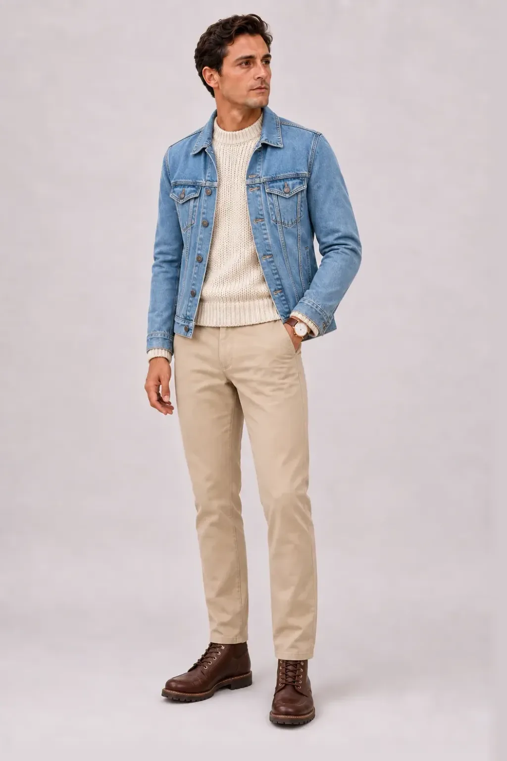 Trucker Jacket Hellblau über Grobstrick-Pullover, dazu Chino Beige und Penny Loafer — Work Boot Dunkelbraun
