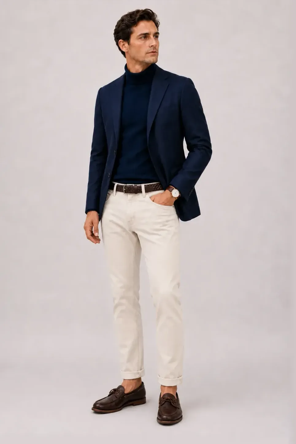 Sakko Navy über Rollkragenpullover, dazu Chino Creme und Bootsschuh