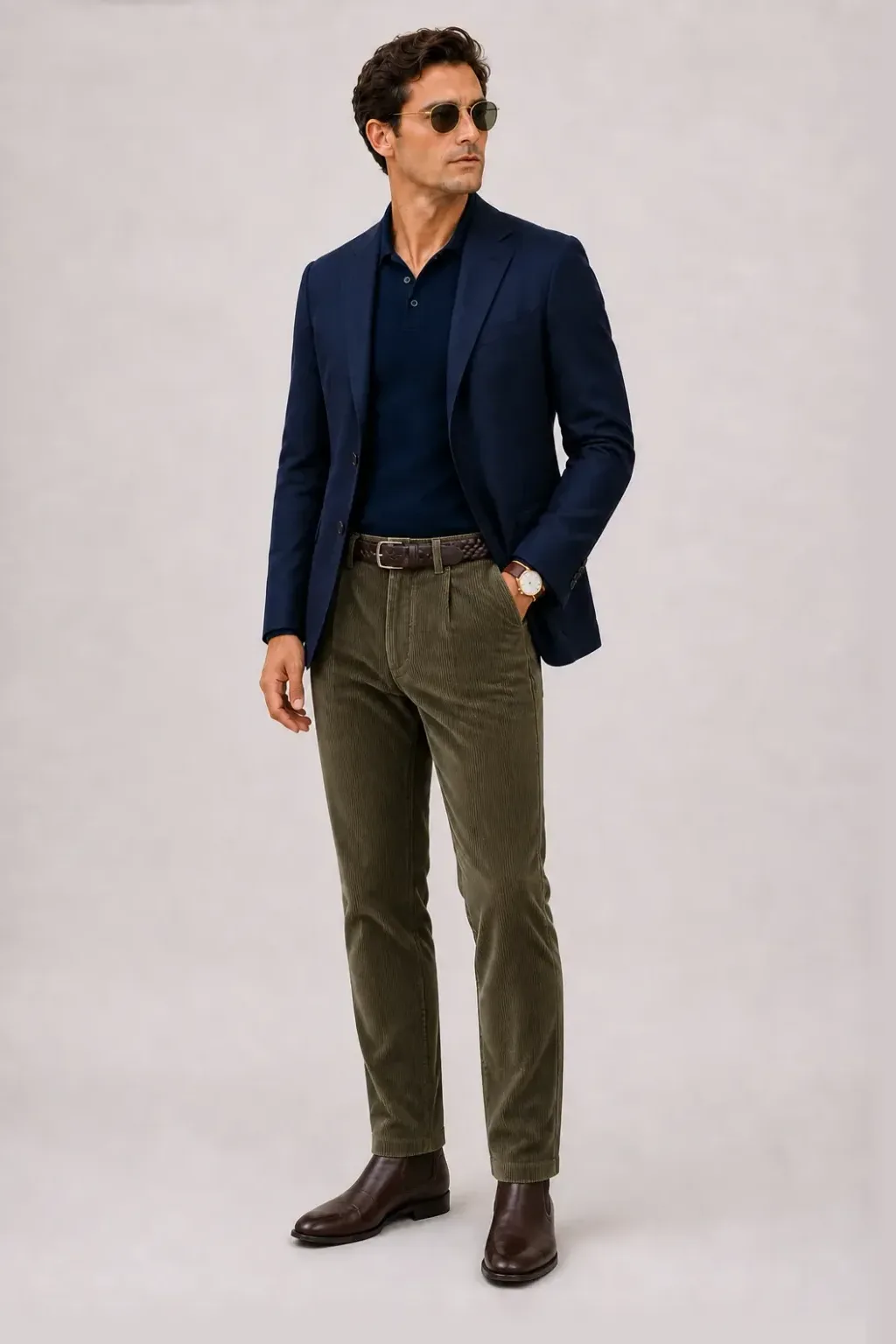 Sport Jacket / Odd Jacket Navy über Strickpolo, dazu Cordhose Oliv und Chelsea Boot