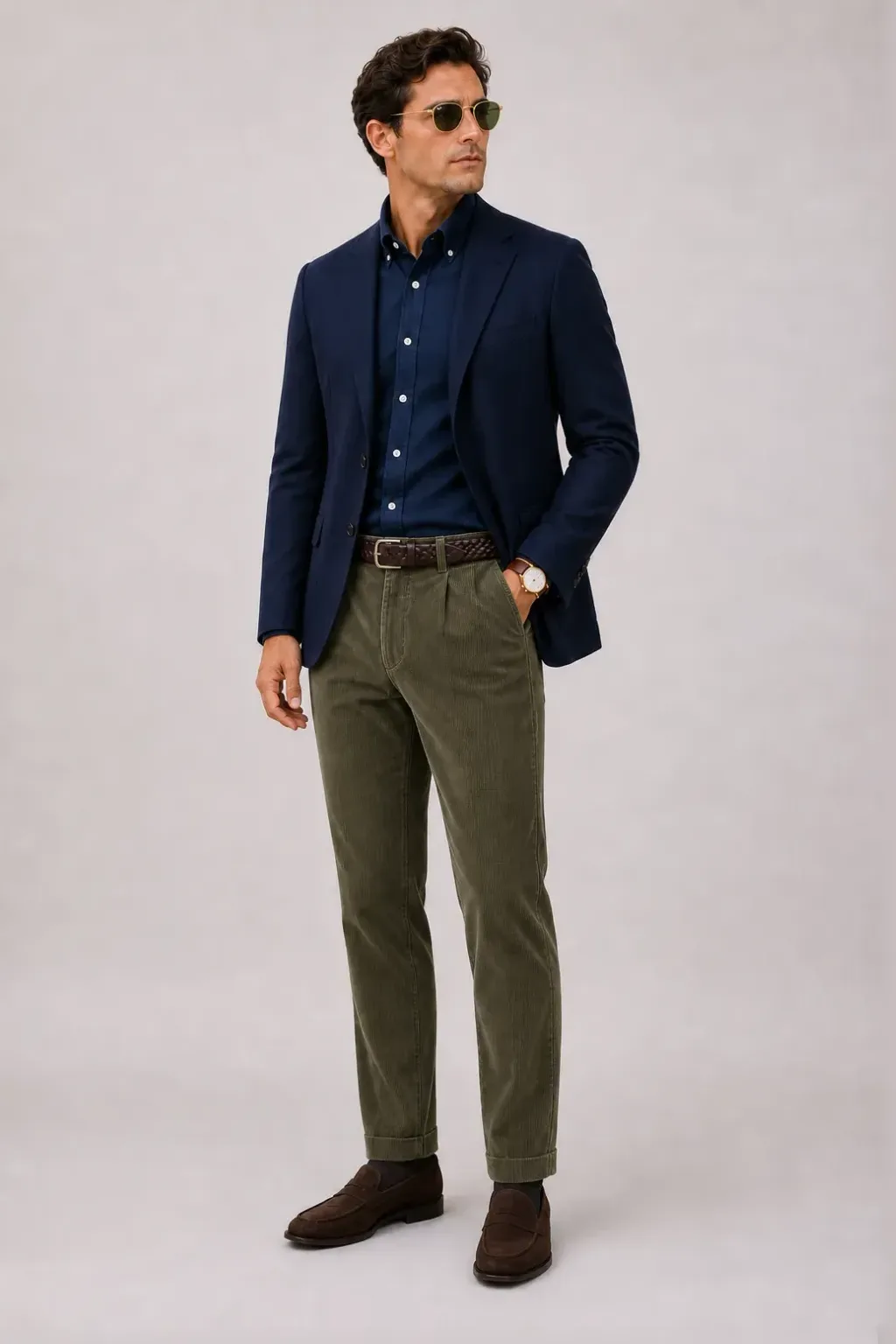 Sport Jacket / Odd Jacket Navy über Button-Down-Hemd, dazu Cordhose Oliv und Penny Loafer Wildleder