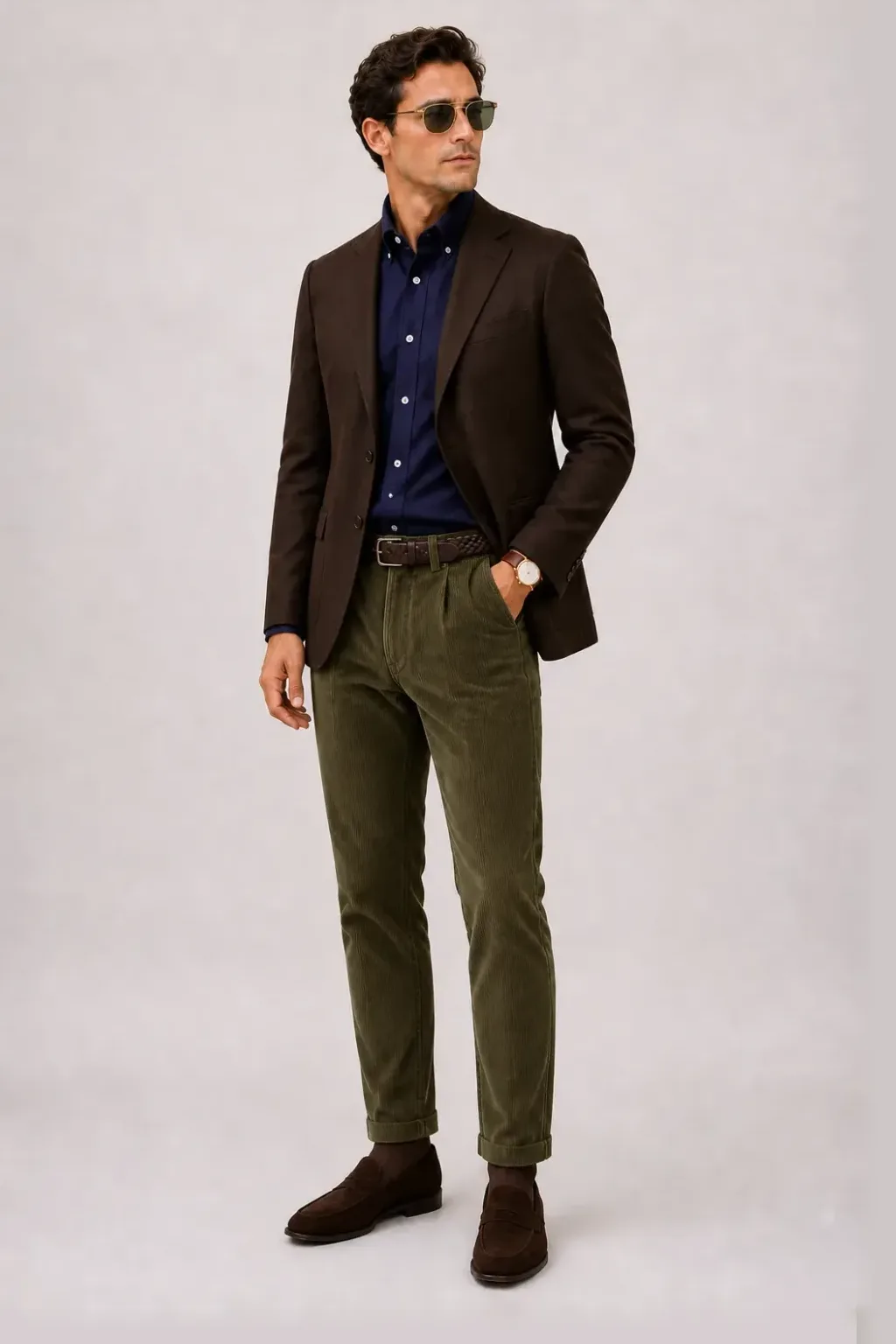 Sport Jacket / Odd Jacket Dunkelbraun über Button-Down-Hemd, dazu Cordhose Oliv und Penny Loafer Wildleder