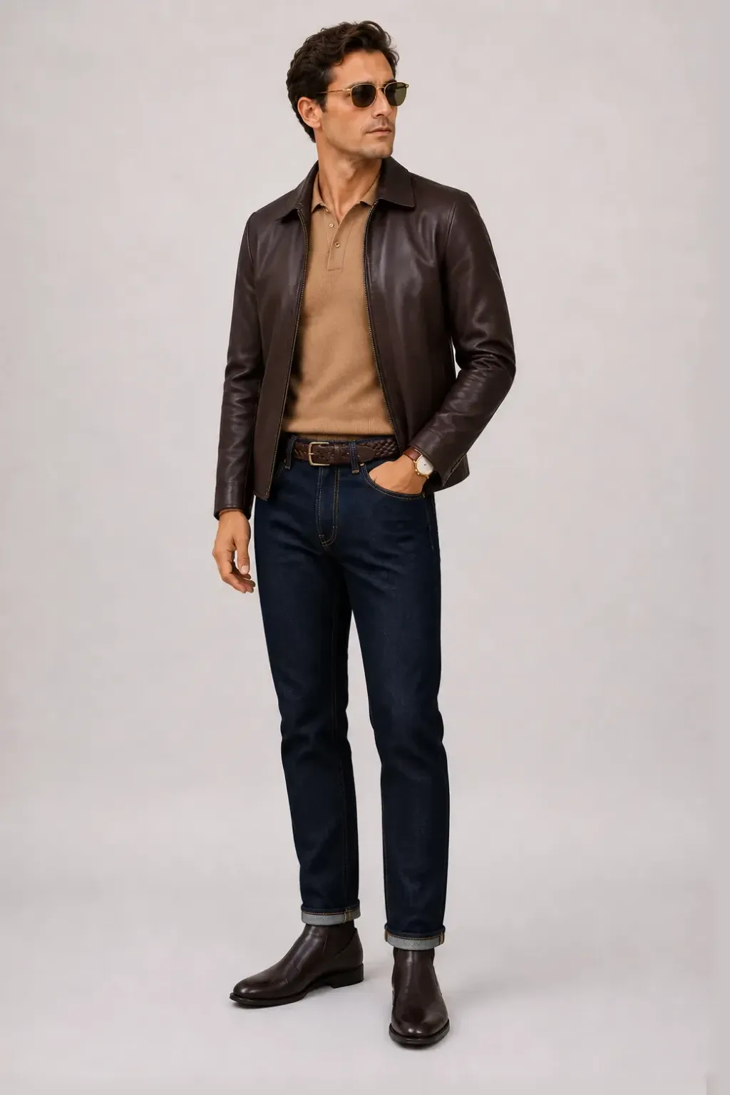 Lederjacke Dunkelbraun über Strickpolo Camel, dazu Jeans Navy und Chelsea Boot