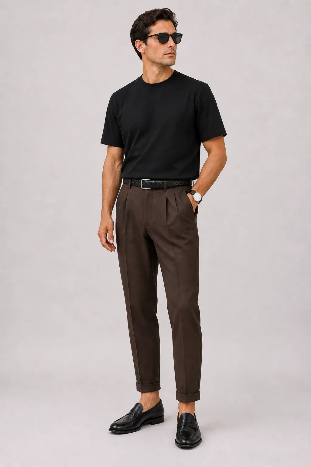 T-Shirt Schwarz, dazu Bundfaltenhose Dunkelbraun und Penny Loafer