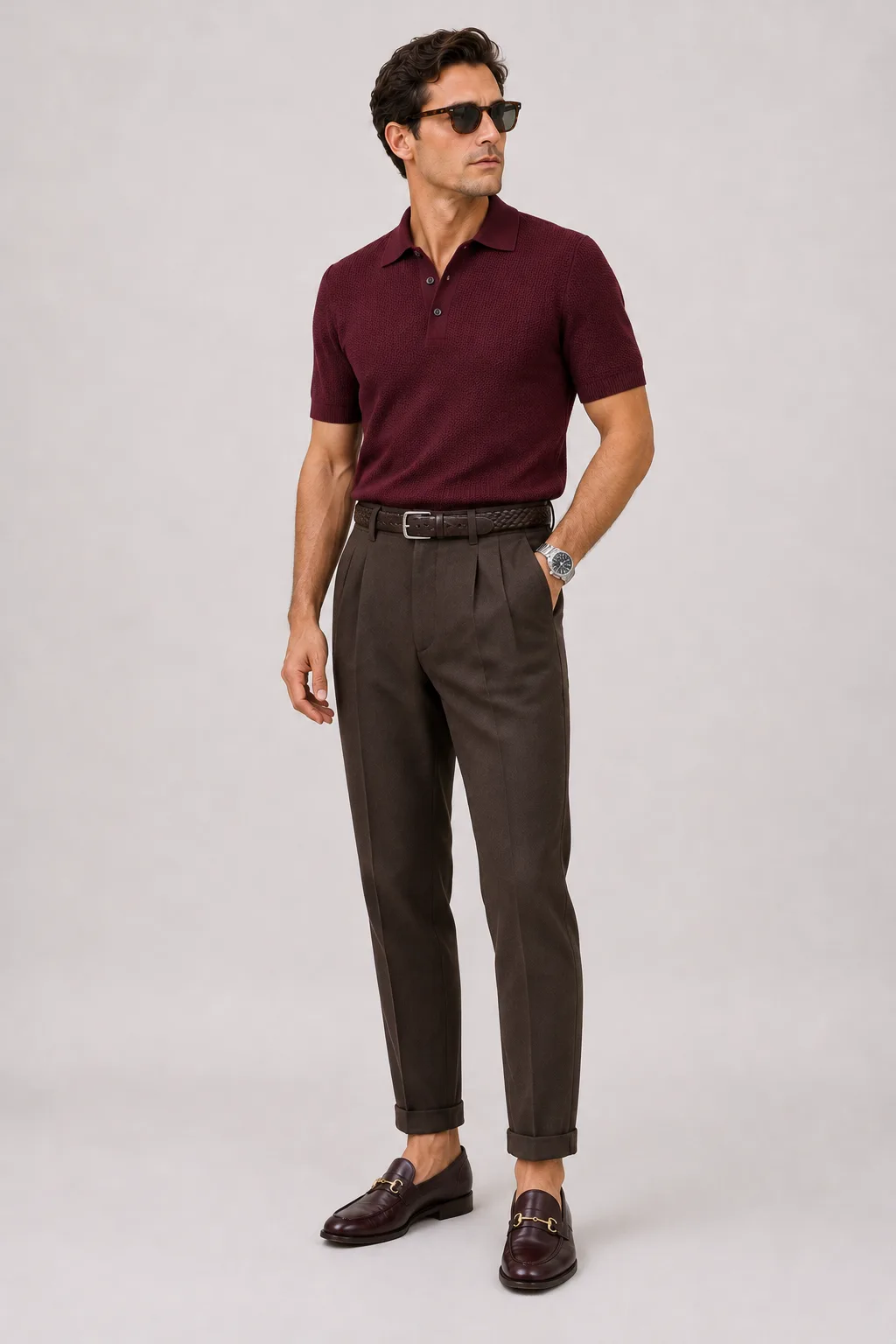 Strickpolo Bordeaux, dazu Bundfaltenhose Dunkelbraun und Horsebit Loafer