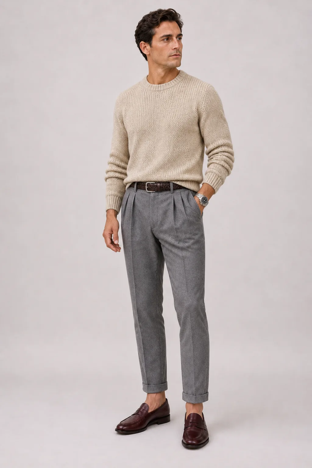 Grobstrick-Pullover Beige, dazu Bundfaltenhose Mittelgrau und Penny Loafer