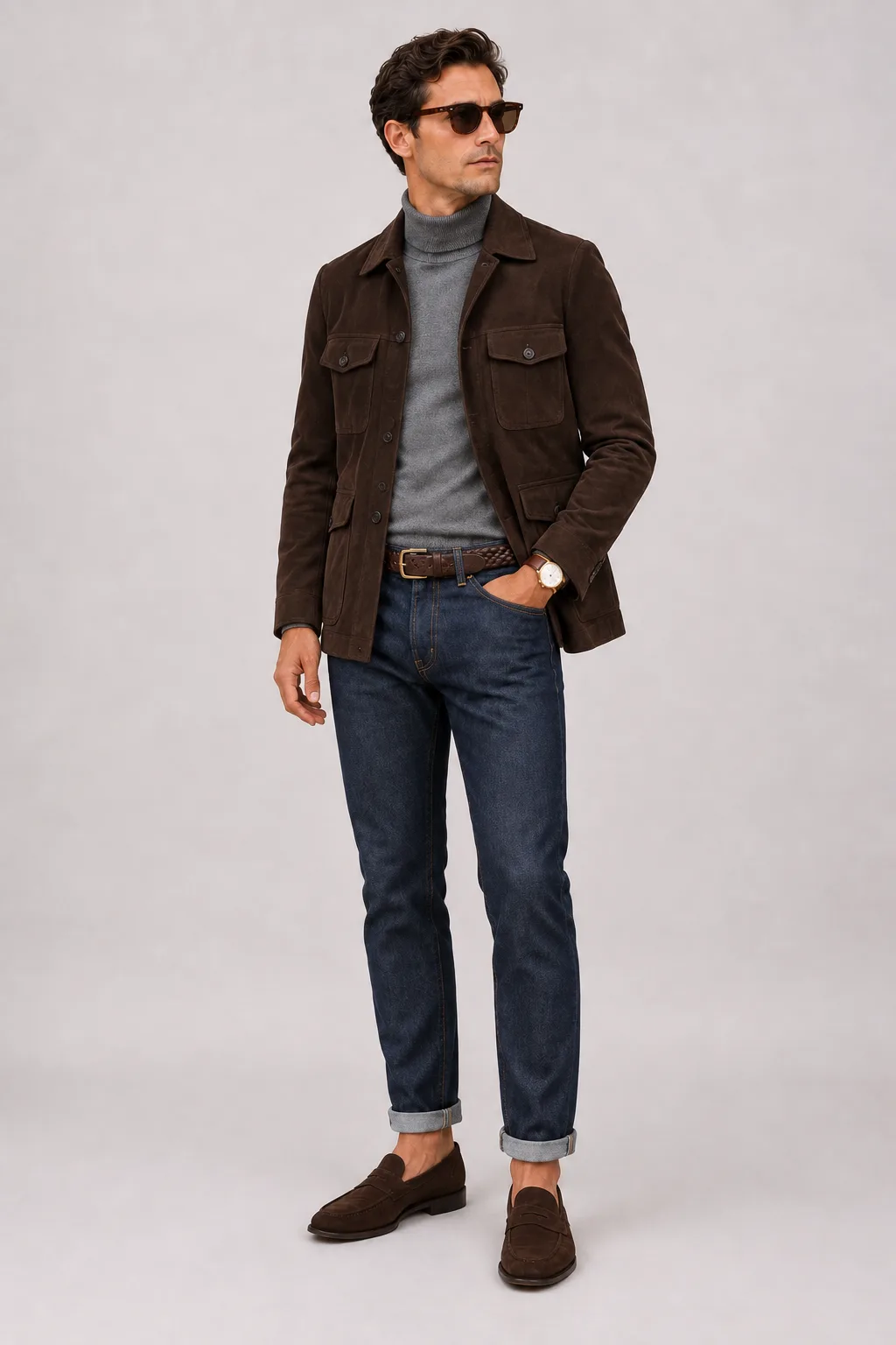 Fieldjacket Wildleder Dunkelbraun über Rollkragenpullover, dazu Jeans Navy und Penny Loafer Wildleder