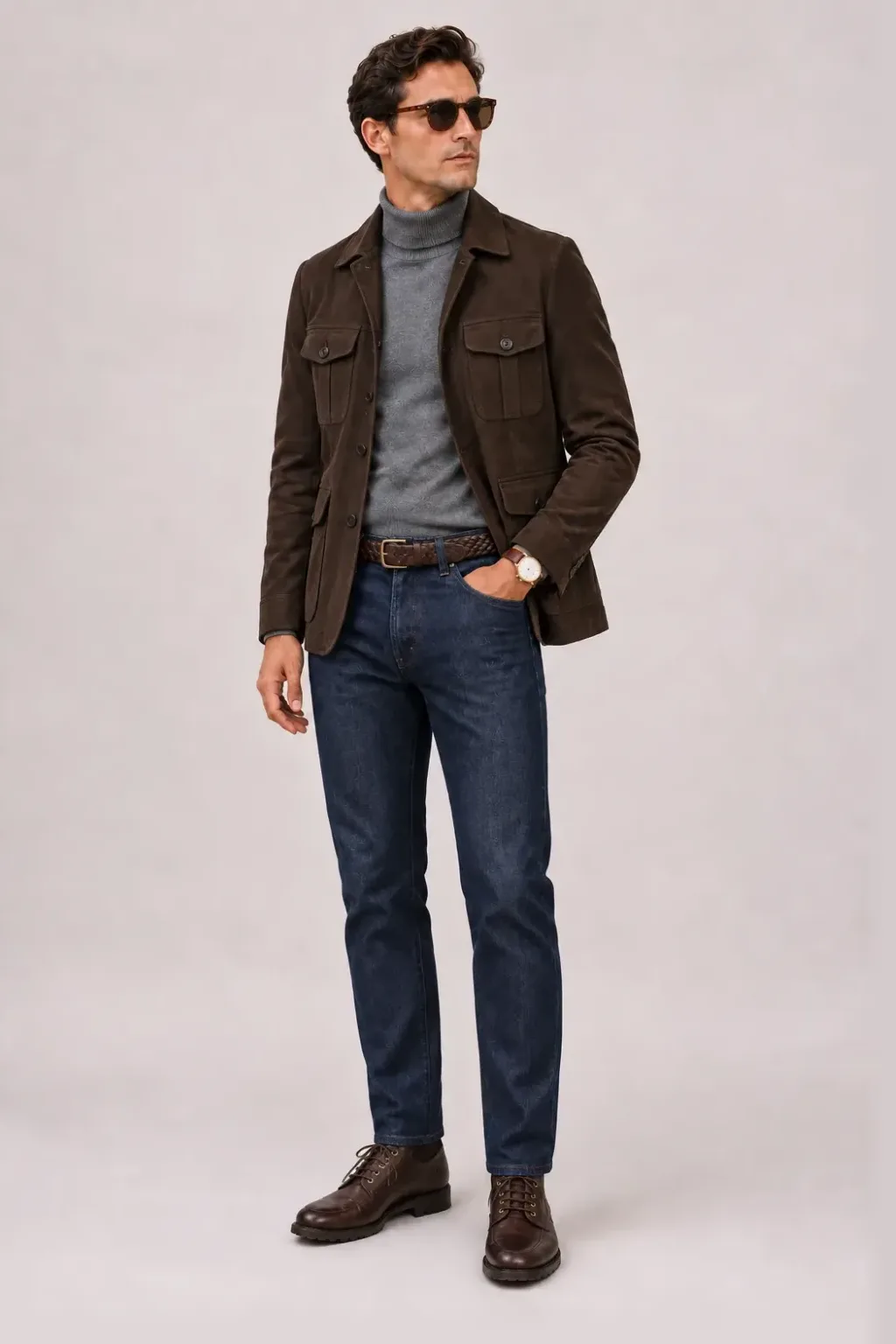 Fieldjacket Wildleder Dunkelbraun über Rollkragenpullover, dazu Jeans Navy und Penny Loafer Wildleder — Work Boot Dunkelbraun