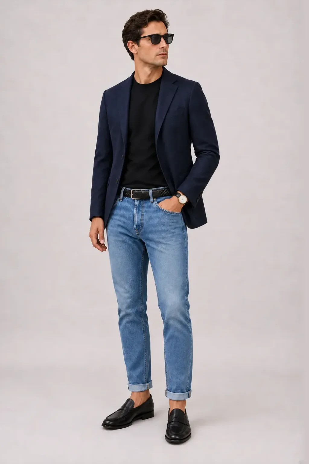 Woll-Sakko Navy über T-Shirt, dazu Jeans Mittelblau und Penny Loafer