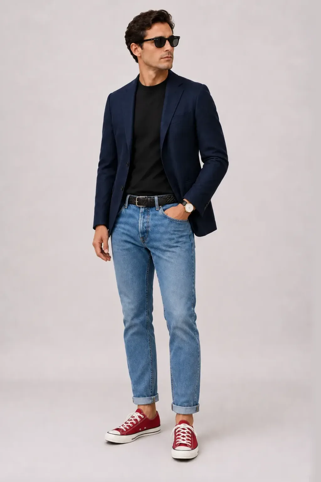 Woll-Sakko Navy über T-Shirt, dazu Jeans Mittelblau und Penny Loafer — Canvas Sneaker Rot