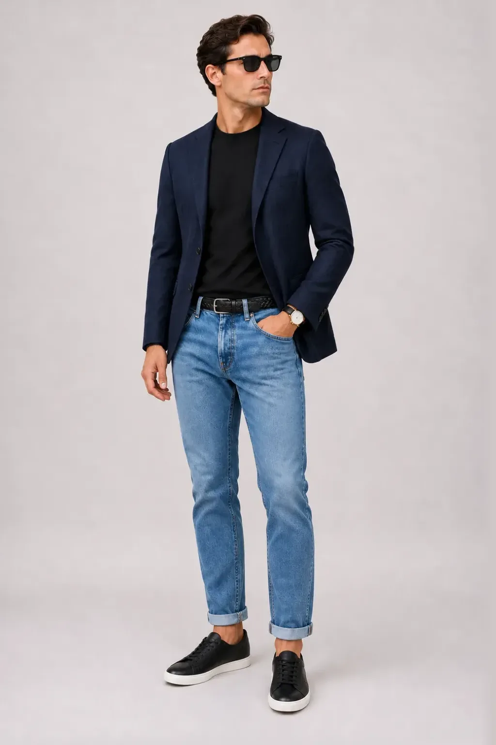 Woll-Sakko Navy über T-Shirt, dazu Jeans Mittelblau und Penny Loafer — Sneaker Schwarz