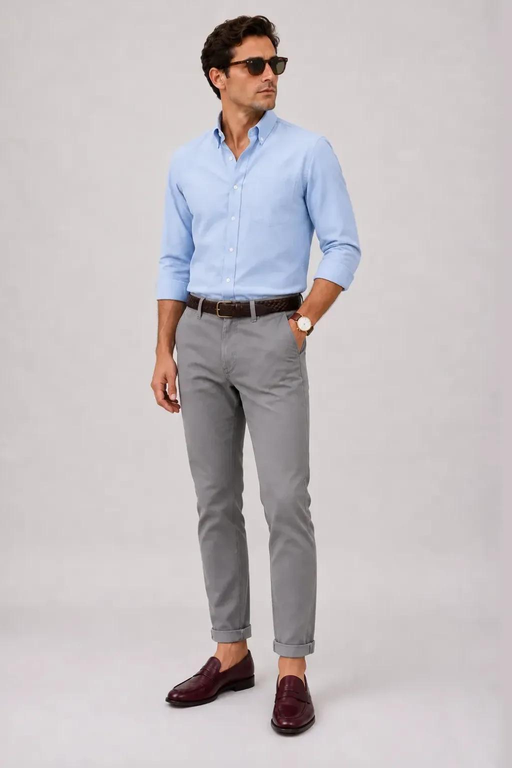 Button-Down-Hemd Hellblau, dazu Chino Mittelgrau und Penny Loafer