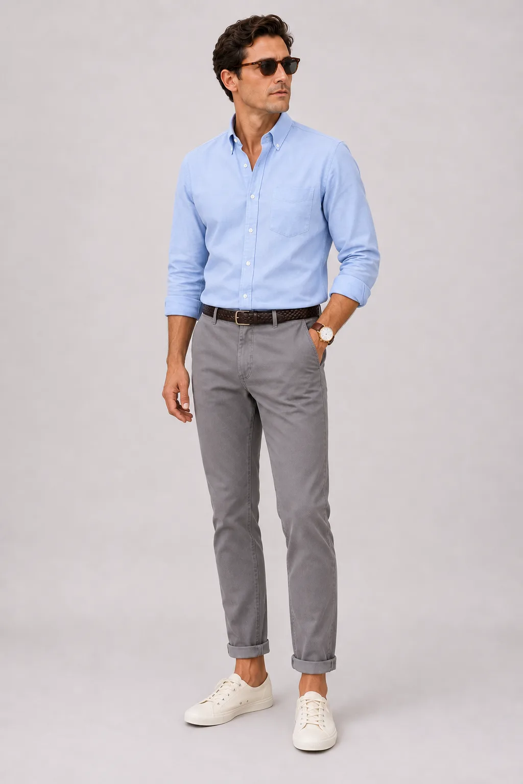 Button-Down-Hemd Hellblau, dazu Chino Mittelgrau und Penny Loafer — Canvas Sneaker Off-White