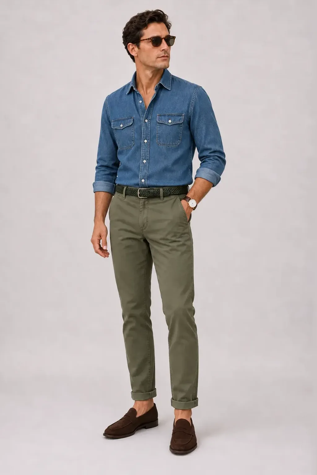 Denim-Hemd Mittelblau, dazu Chino Oliv und Penny Loafer Wildleder