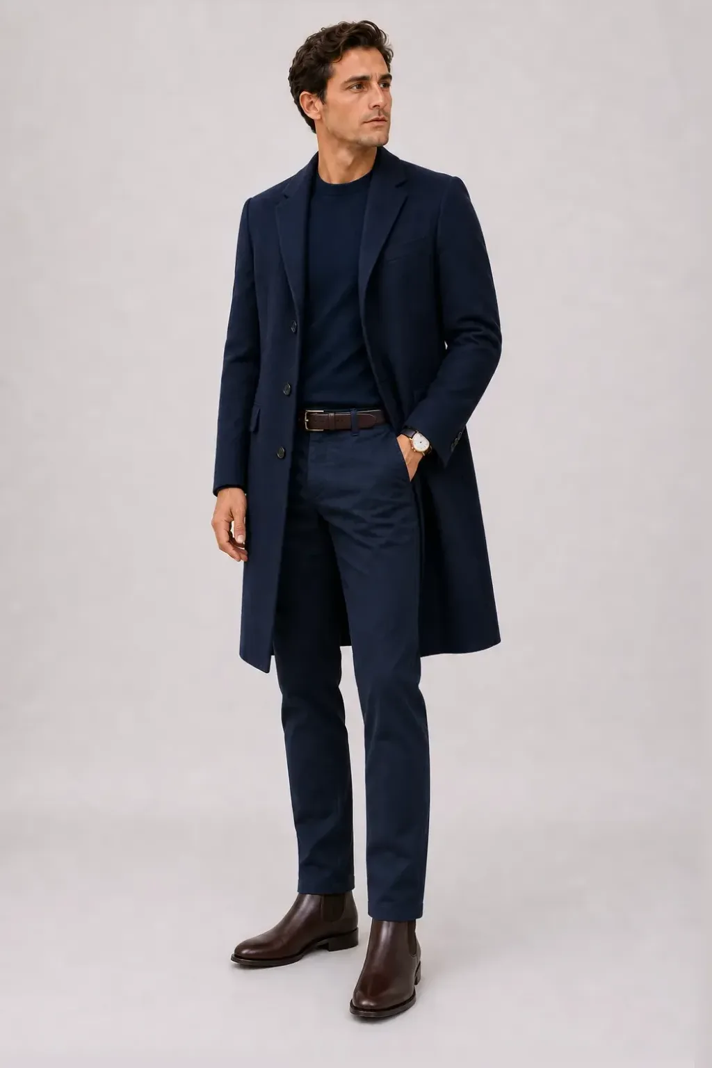 Langer Mantel Navy über Crewneck-Pullover Feinstrick Hellgrau, dazu Chino Navy und Chelsea Boot — Crewneck-Pullover Feinstrick Navy
