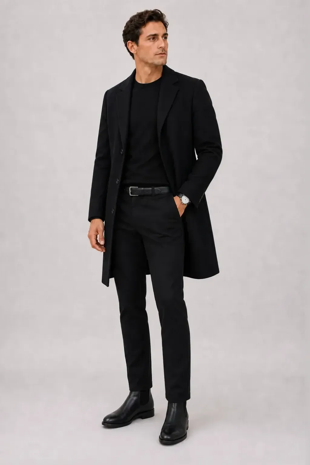 Langer Mantel Schwarz über Crewneck-Pullover Feinstrick, dazu Chino Schwarz und Chelsea Boot