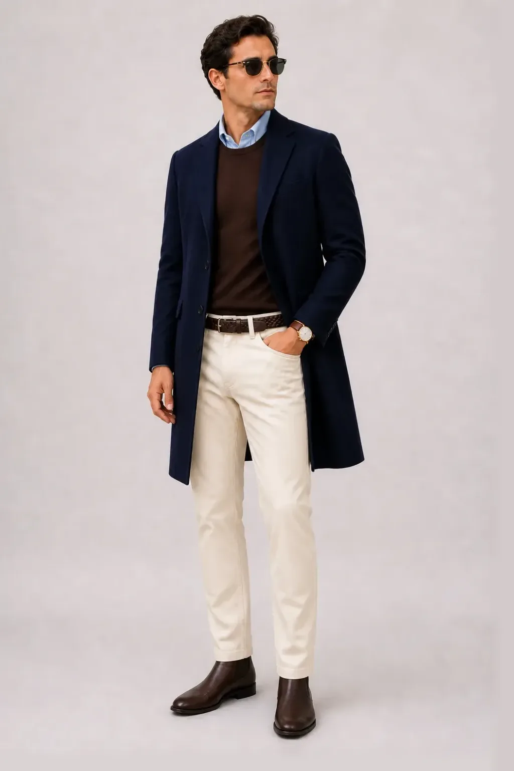 Langer Mantel Navy über Crewneck-Pullover Feinstrick Schokobraun und Button-Down-Hemd Hellblau, dazu Chino Creme und Chelsea Boot
