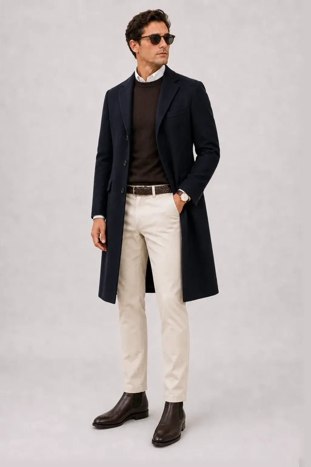 Langer Mantel Navy über Crewneck-Pullover Feinstrick Schokobraun und Button-Down-Hemd Hellblau, dazu Chino Creme und Chelsea Boot — Button-Down-Hemd Weiss