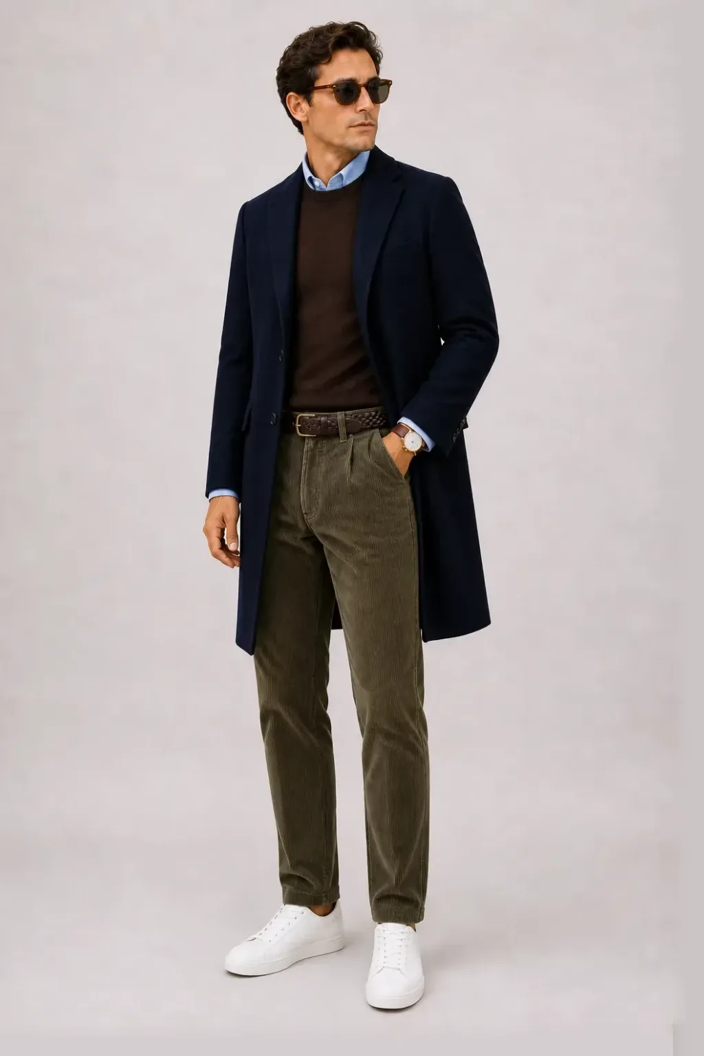 Langer Mantel Navy über Rollkragenpullover, dazu Cordhose Oliv und Sneaker — Crewneck-Pullover Feinstrick Schokobraun