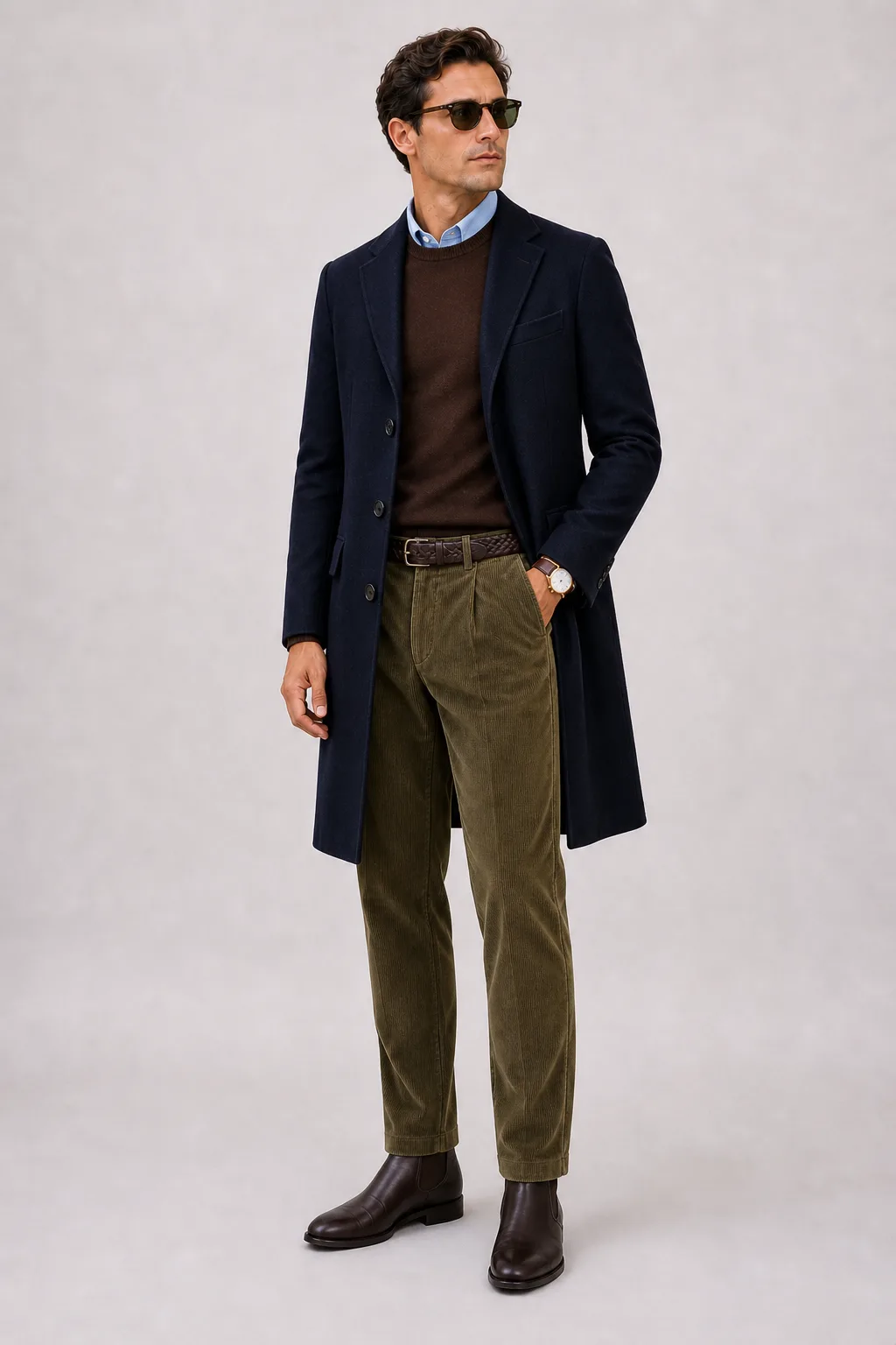 Langer Mantel Navy über Crewneck-Pullover Feinstrick Schokobraun und Button-Down-Hemd Hellblau, dazu Cordhose Oliv und Sneaker