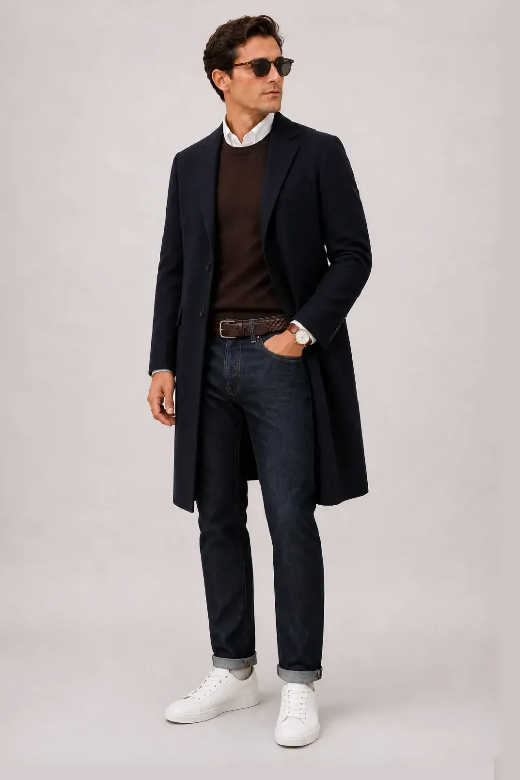 Langer Mantel Navy über Cardigan, dazu Jeans Navy und Sneaker — Crewneck-Pullover Feinstrick Schokobraun
