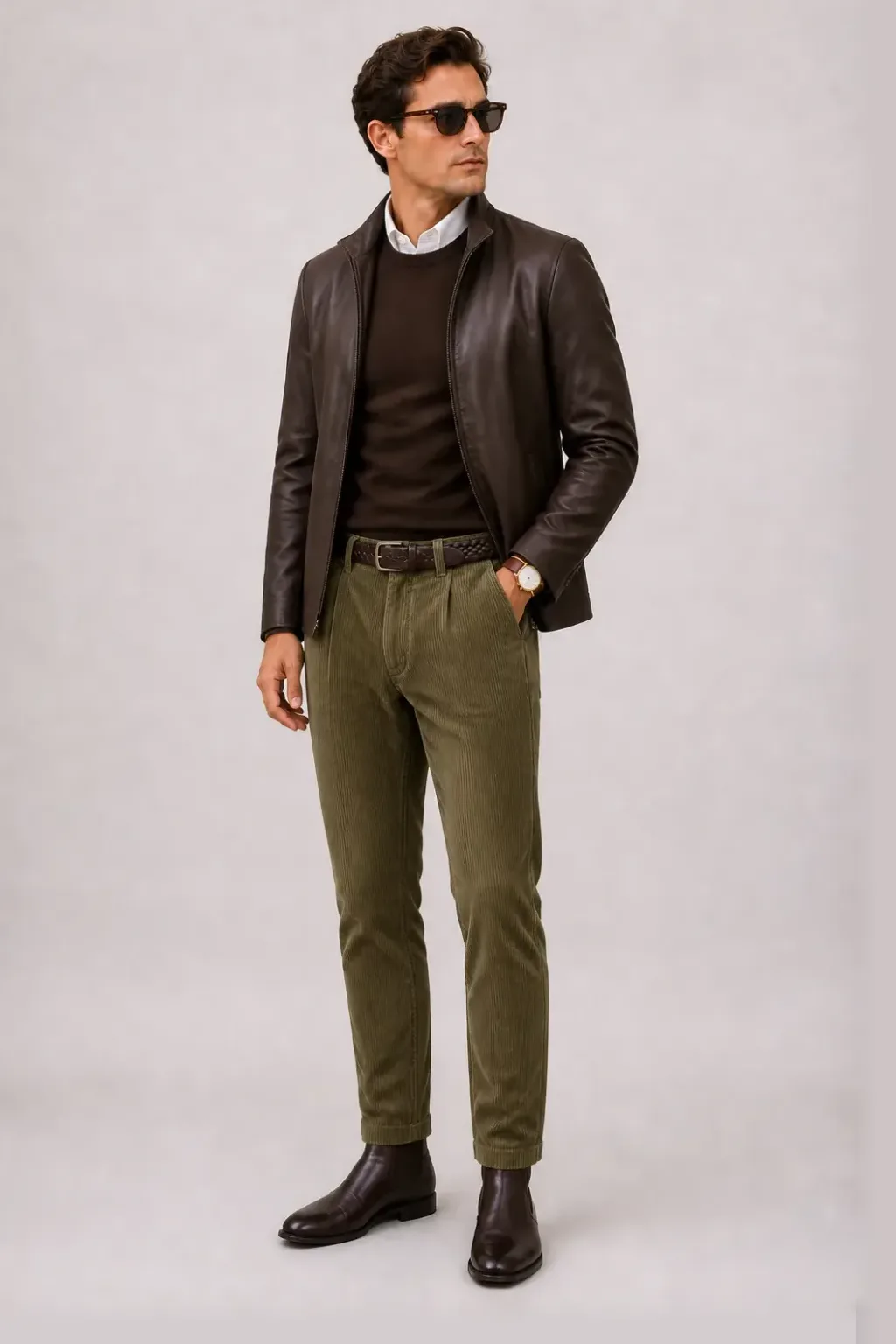 Lederjacke Dunkelbraun über Rollkragenpullover Walnuss, dazu Chino Oliv und Chelsea Boot — ≈ mit Crewneck-Pullover Feinstrick darunter Cordhose statt Chino