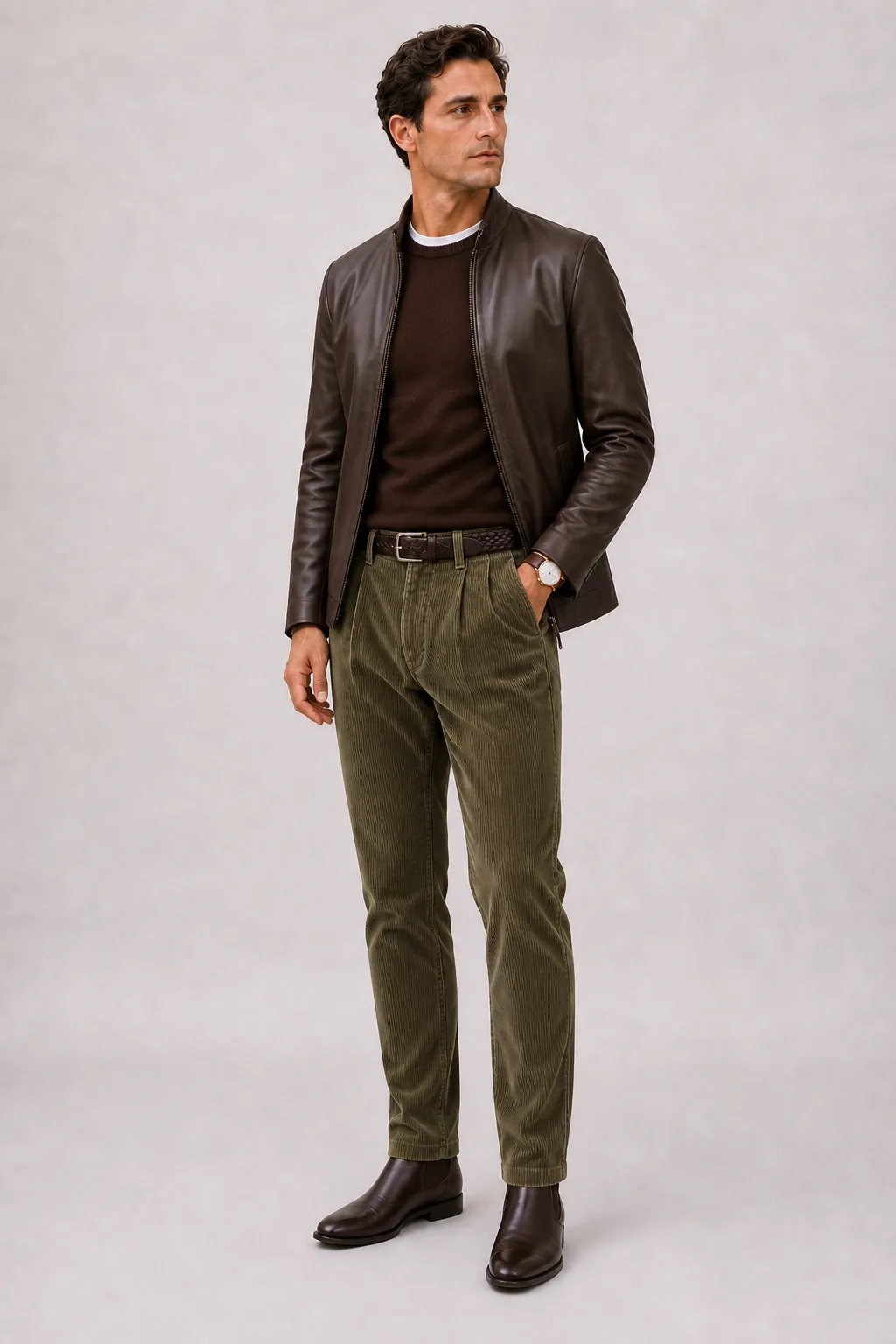 Lederjacke Dunkelbraun über Crewneck-Pullover Feinstrick Schokobraun und Button-Down-Hemd Weiss, dazu Cordhose Oliv und Chelsea Boot