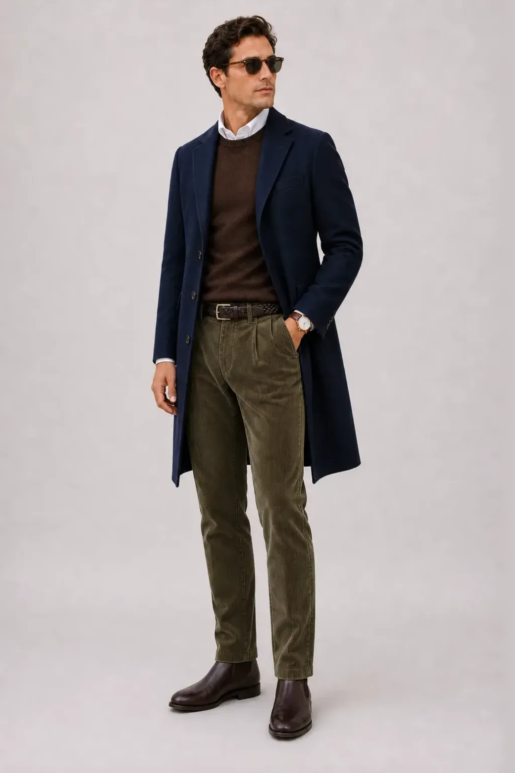 Langer Mantel Navy über Crewneck-Pullover Feinstrick Schokobraun und Button-Down-Hemd Weiss, dazu Cordhose Oliv und Chelsea Boot
