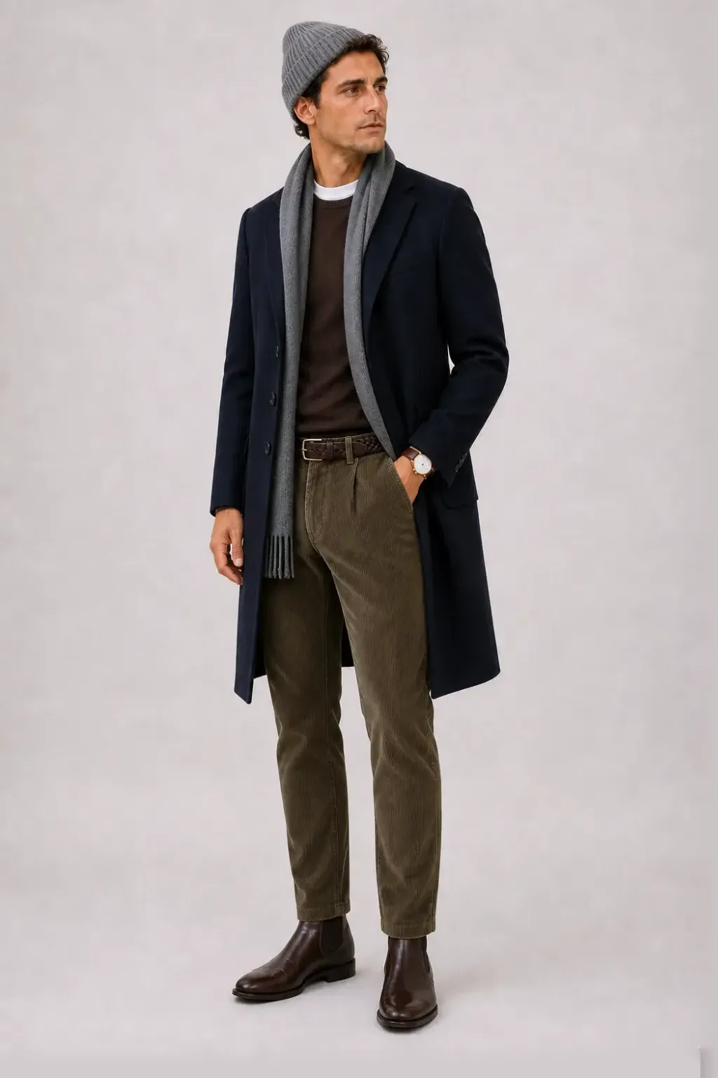 Langer Mantel Navy über Crewneck-Pullover Feinstrick Schokobraun und Button-Down-Hemd Weiss, dazu Cordhose Oliv und Chelsea Boot — T-Shirt Weiss