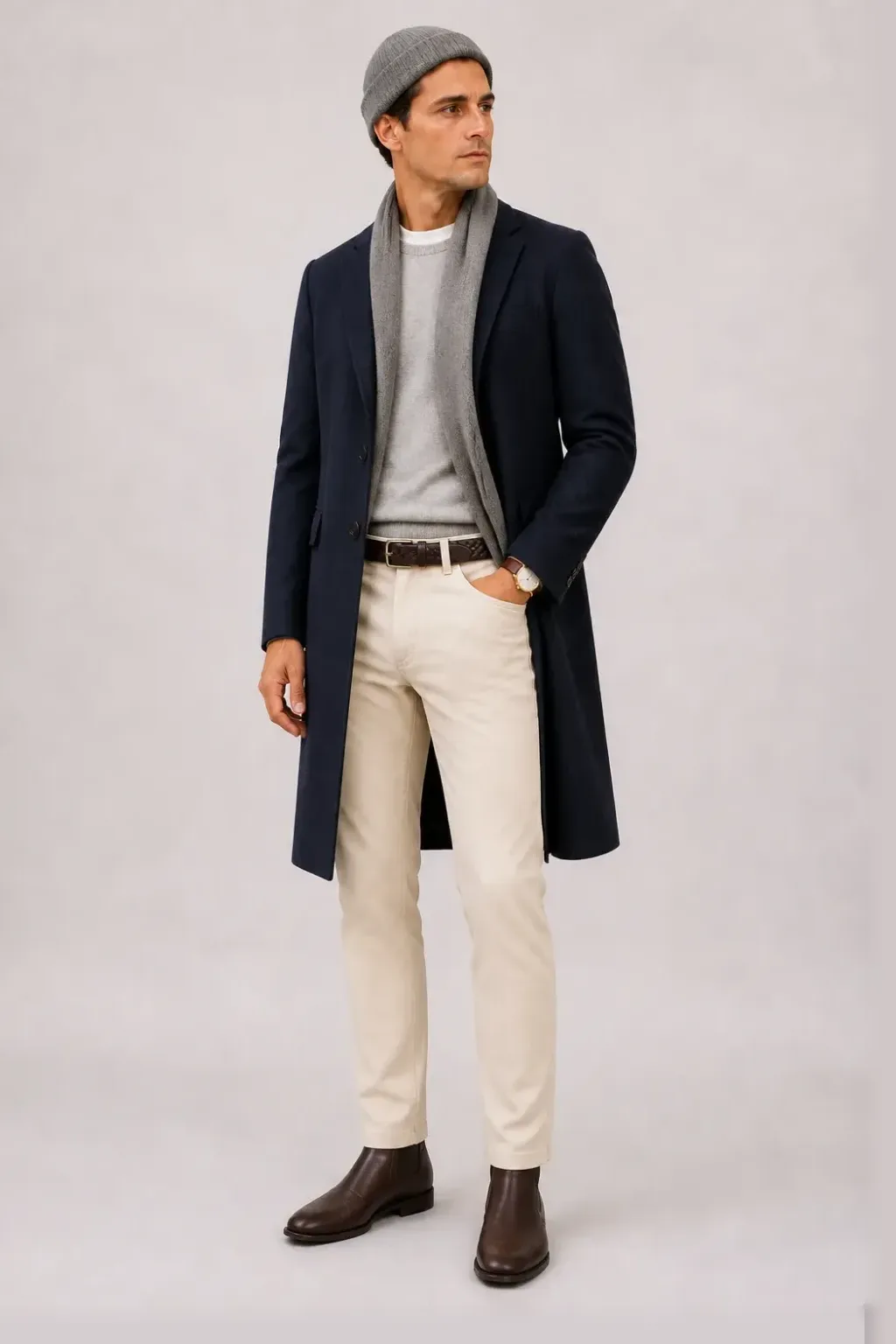 Langer Mantel Navy über Crewneck-Pullover Feinstrick Hellgrau und T-Shirt Weiss, dazu Chino Creme und Sneaker