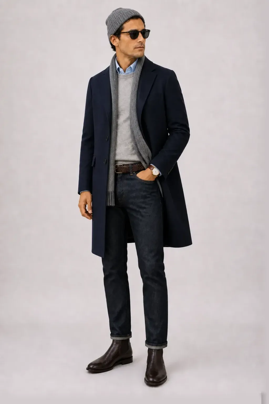 Langer Mantel Navy über Crewneck-Pullover Feinstrick Hellgrau und Button-Down-Hemd Hellblau, dazu Jeans Navy und Chelsea Boot
