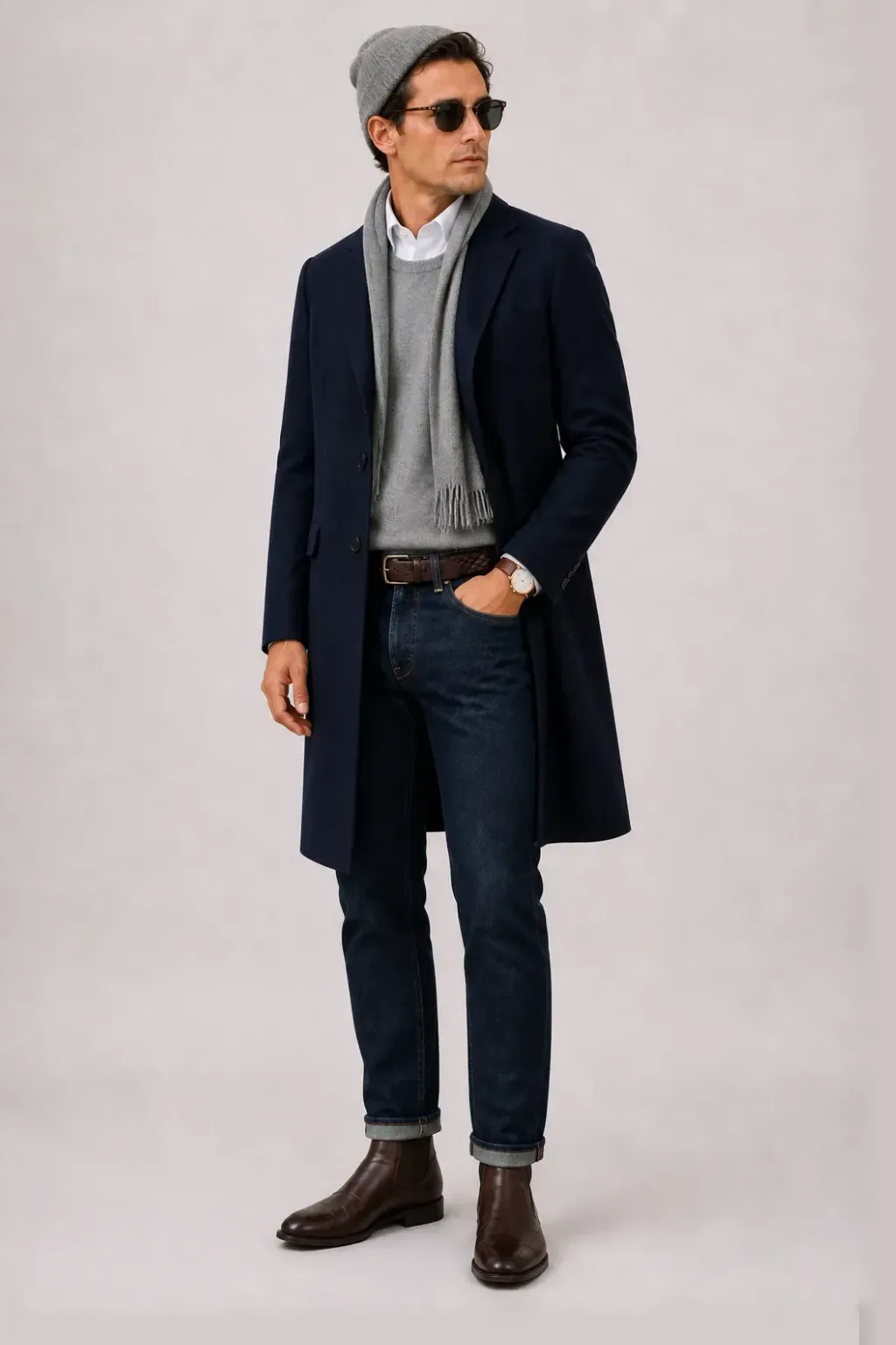 Langer Mantel Navy über Crewneck-Pullover Feinstrick Hellgrau und Button-Down-Hemd Hellblau, dazu Jeans Navy und Chelsea Boot — Button-Down-Hemd Weiss