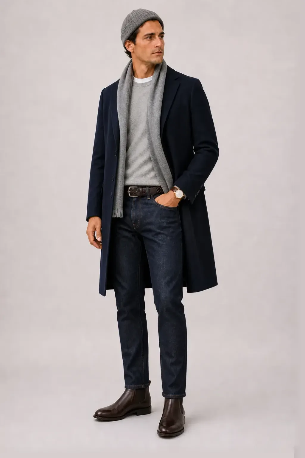 Langer Mantel Navy über Crewneck-Pullover Feinstrick Hellgrau und T-Shirt Weiss, dazu Jeans Navy und Chelsea Boot