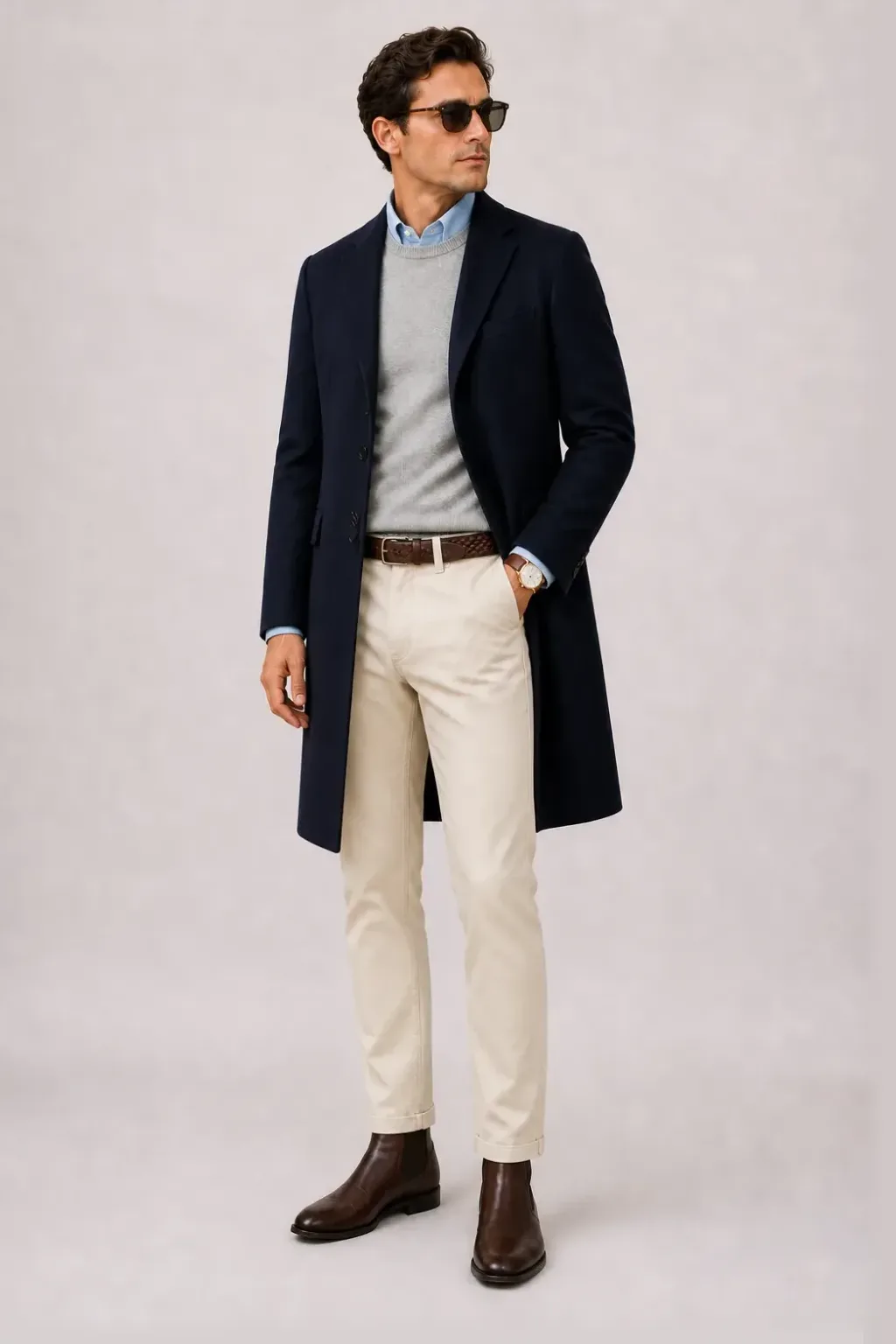 Langer Mantel Navy über Crewneck-Pullover Feinstrick Hellgrau und Button-Down-Hemd Hellblau, dazu Chino Creme und Sneaker