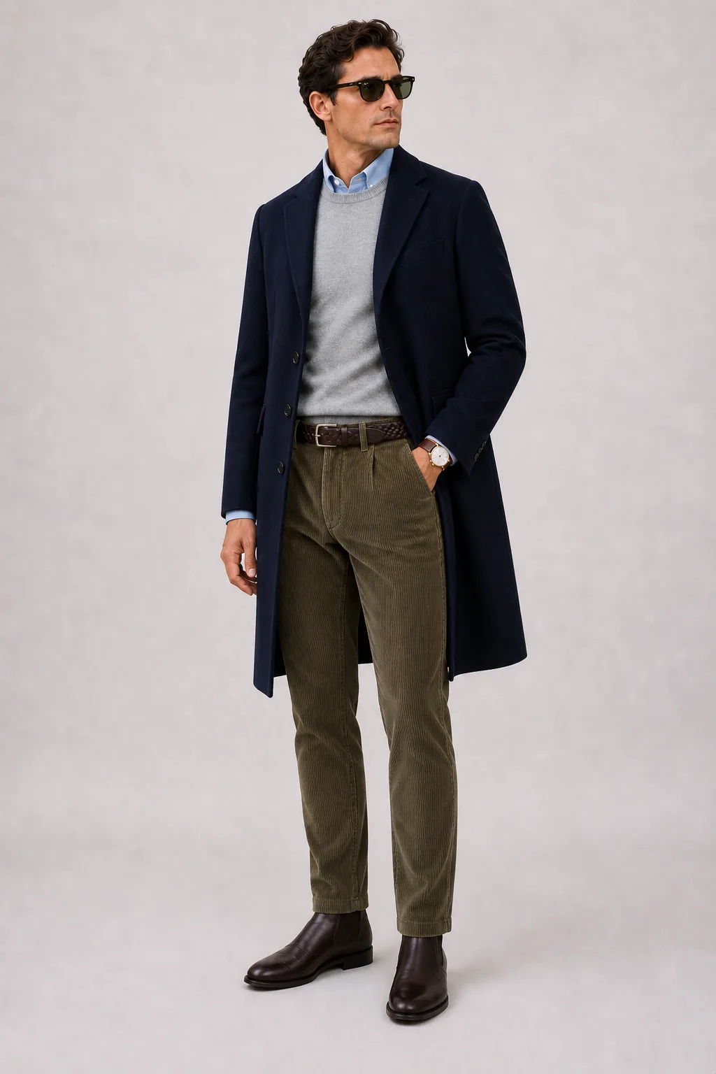 Langer Mantel Navy über Crewneck-Pullover Feinstrick Hellgrau und Button-Down-Hemd Hellblau, dazu Cordhose Oliv und Chelsea Boot