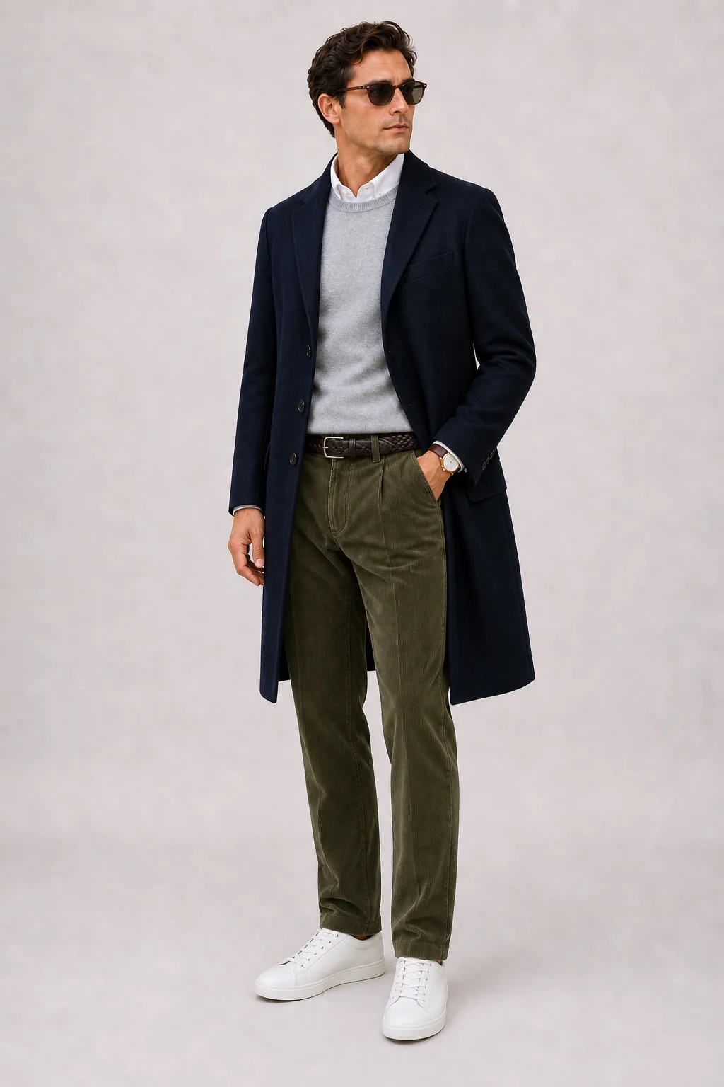 Langer Mantel Navy über Rollkragenpullover, dazu Cordhose Oliv und Sneaker — Crewneck-Pullover Feinstrick Hellgrau