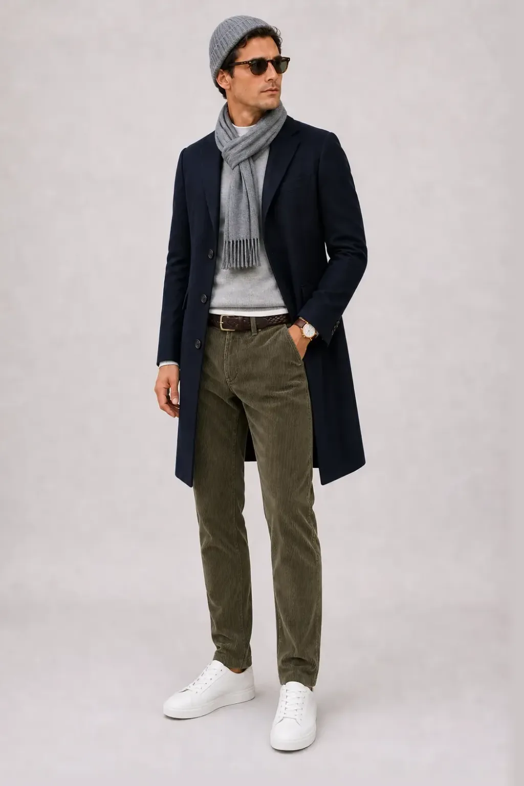 Langer Mantel Navy über Crewneck-Pullover Feinstrick Hellgrau und Button-Down-Hemd Weiss, dazu Cordhose Oliv und Sneaker — T-Shirt Weiss