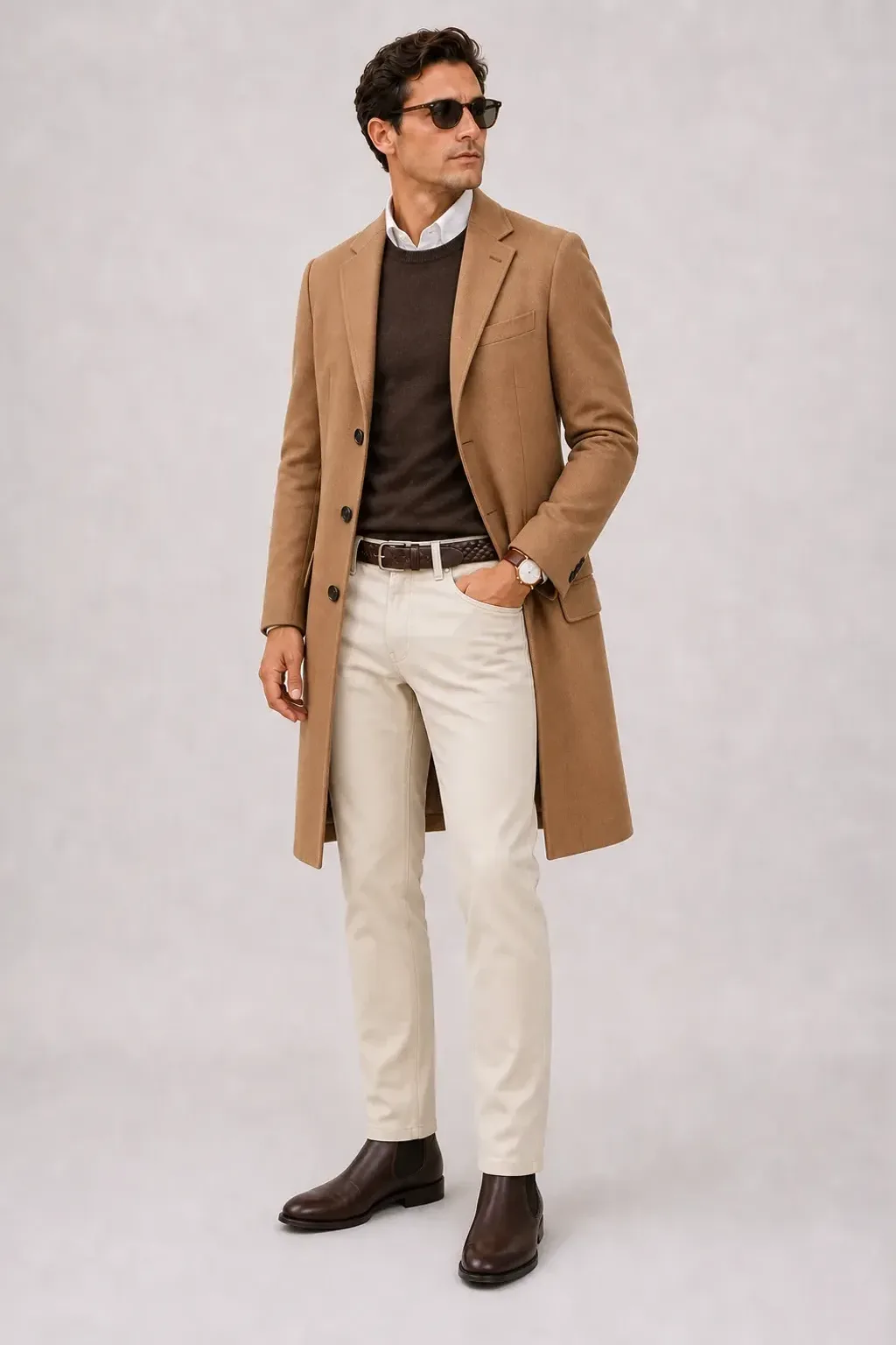 Langer Mantel Camel über Crewneck-Pullover Feinstrick Schokobraun und Button-Down-Hemd Weiss, dazu Chino Creme und Chelsea Boot