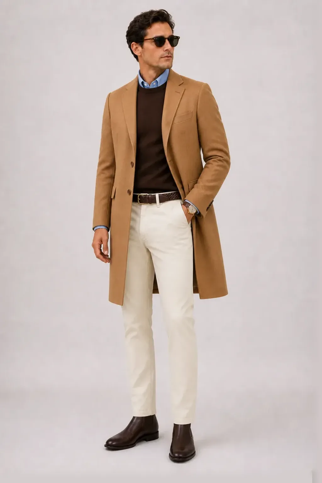 Langer Mantel Camel über Crewneck-Pullover Feinstrick Schokobraun und Button-Down-Hemd Weiss, dazu Chino Creme und Chelsea Boot — Button-Down-Hemd Hellblau