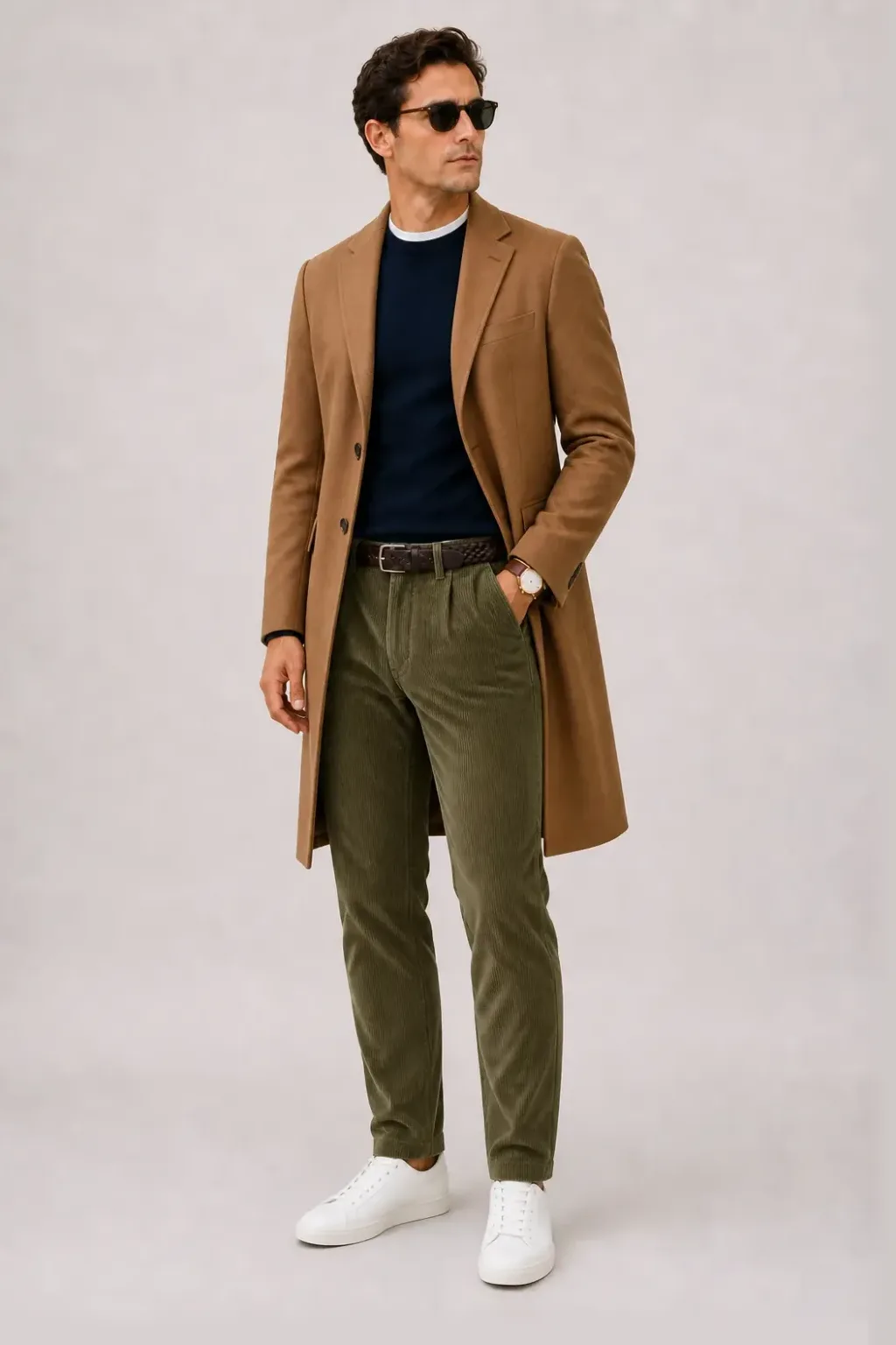 Langer Mantel Camel über Button-Down-Hemd, dazu Cordhose Oliv und Sneaker — Crewneck-Pullover Feinstrick Navy