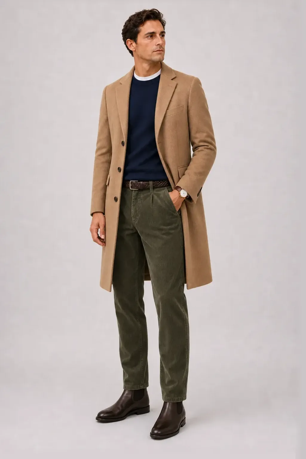 Langer Mantel Camel über Crewneck-Pullover Feinstrick Navy und T-Shirt Weiss, dazu Cordhose Oliv und Sneaker