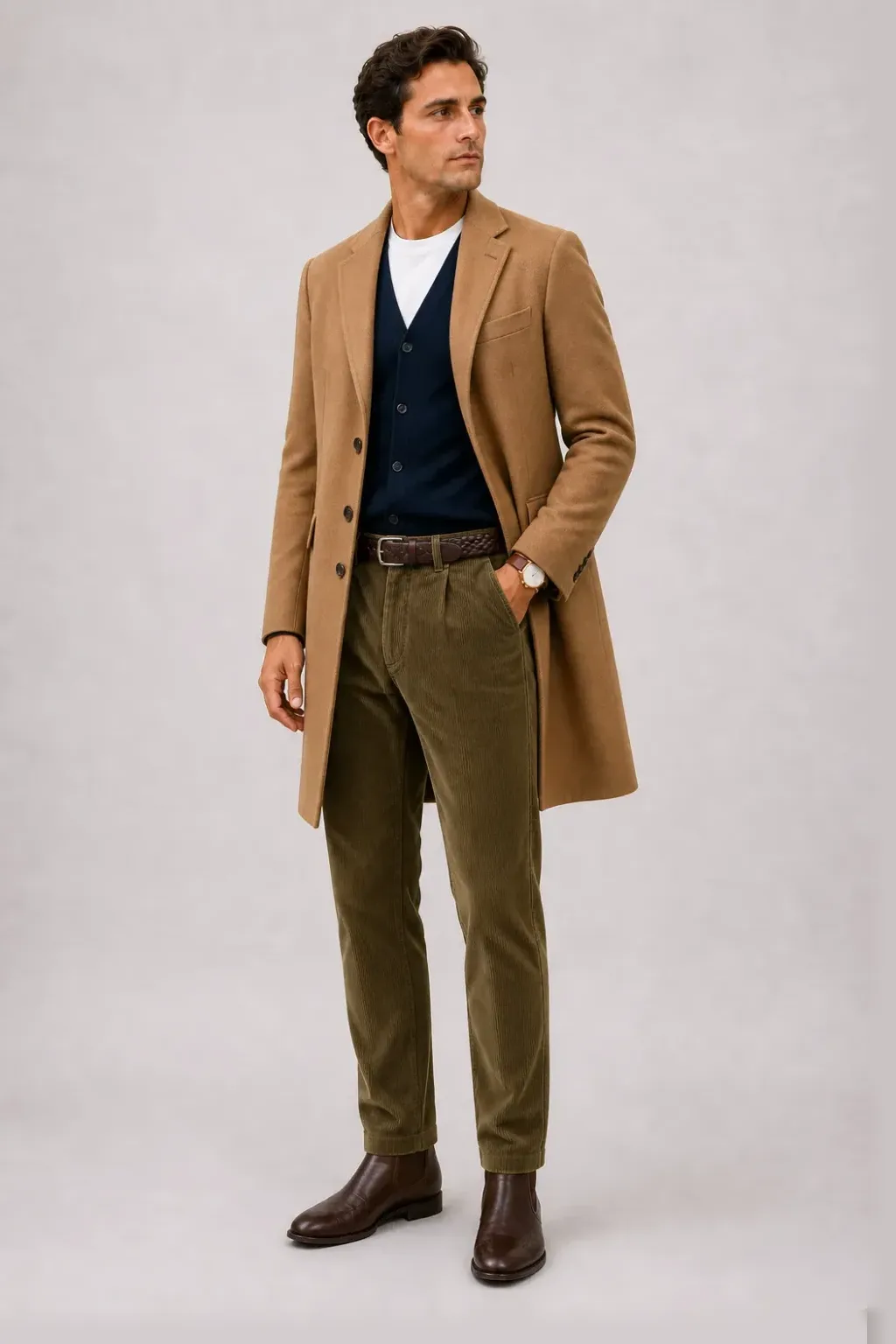 Langer Mantel Camel über Cardigan, dazu Cordhose Oliv und Chelsea Boot