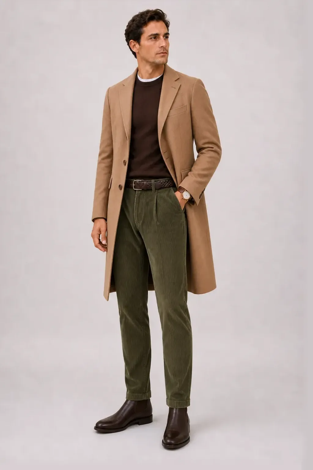 Langer Mantel Camel über Crewneck-Pullover Feinstrick Schokobraun und T-Shirt Weiss, dazu Cordhose Oliv und Chelsea Boot